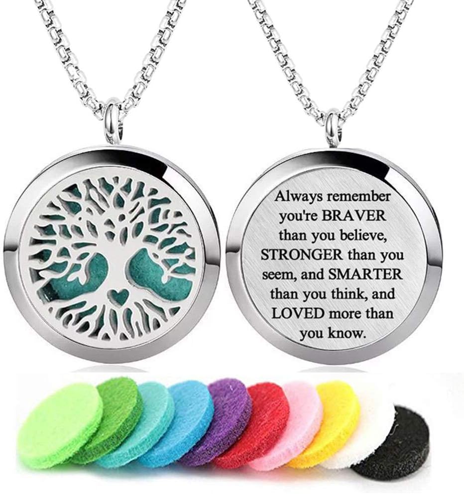 Aromatherapy Essential Oil Diffuser Necklace Stainless Steel lnspirational Locket Pendant(Tree of Life)