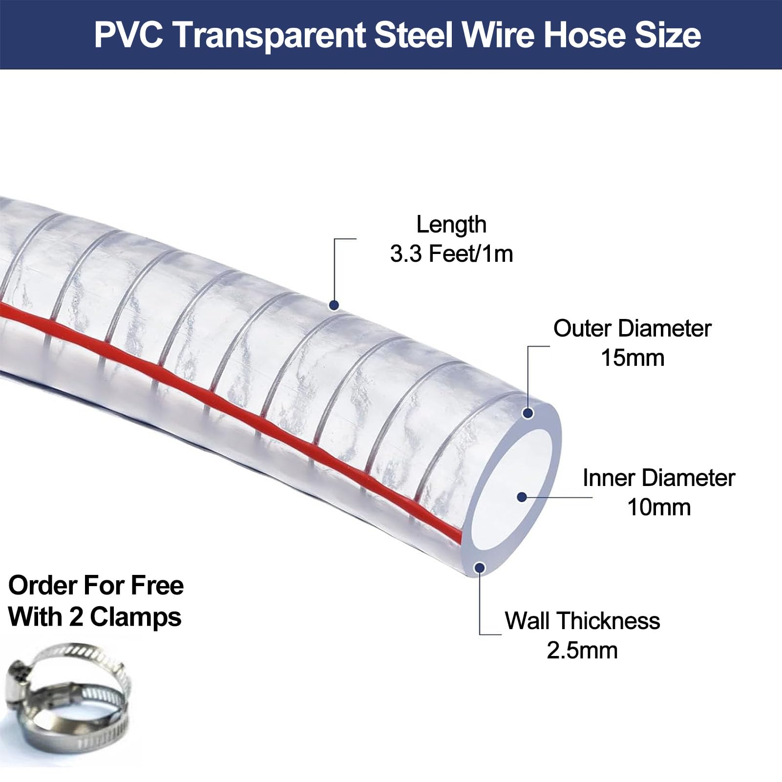Tubo in PVC rinforzato con filo d'acciaio, Tubo flessibile in filo di acciaio PVC da 1 metro, diametro interno della parete 2,5 mm, 10 mm/13, morsetti for il trasferimento acqua, olio e aria(ID 10mm)
