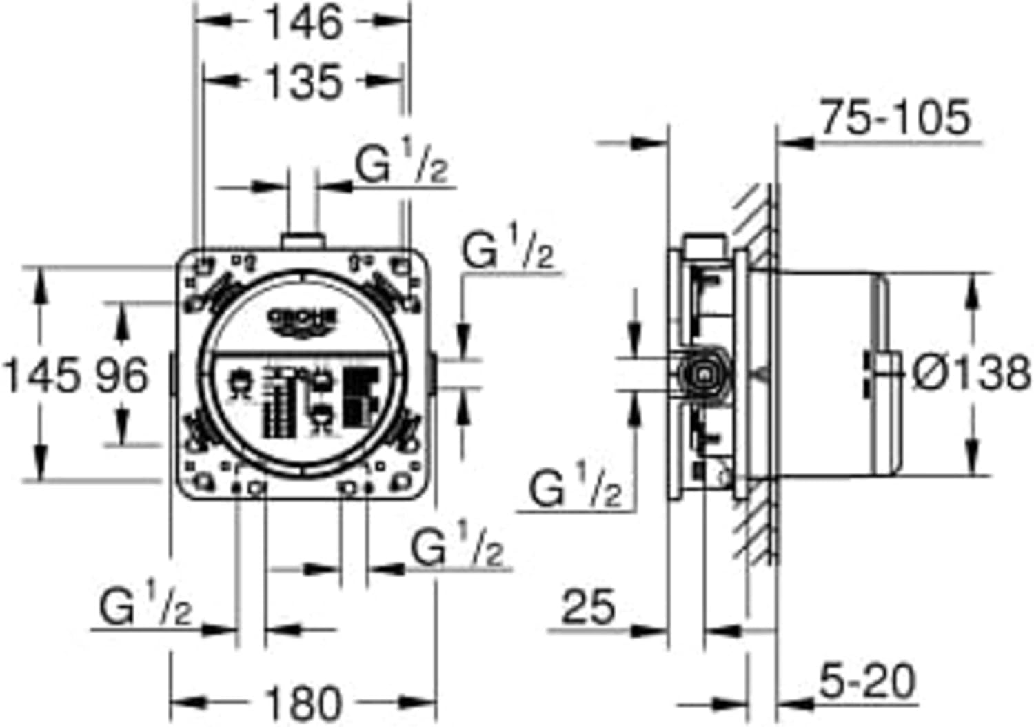 Technical drawing of GROHE Rapido Smartbox with all dimensions