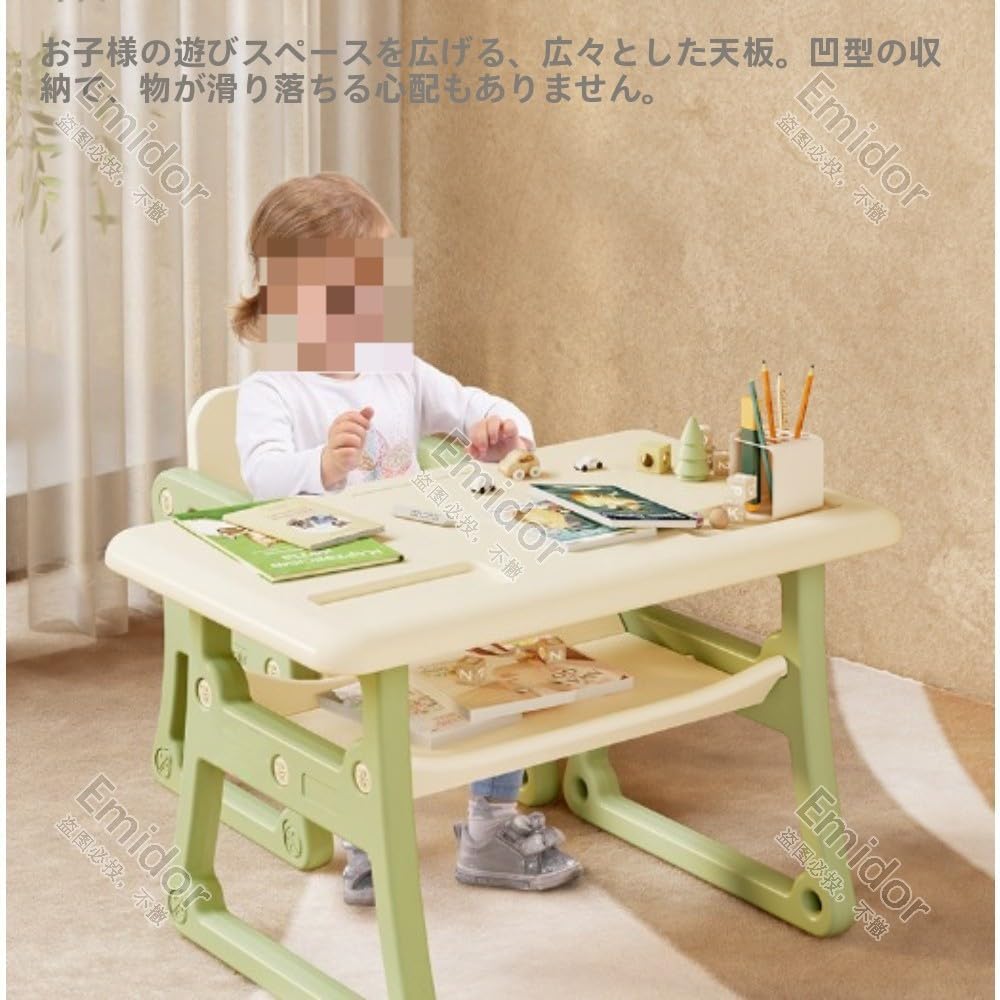 子供用机と椅子のセット、多機能幼児用机、1〜6歳の子供に適しており、省スペースで、お絵かき用の棚が内蔵されており、子供用学習机と椅子