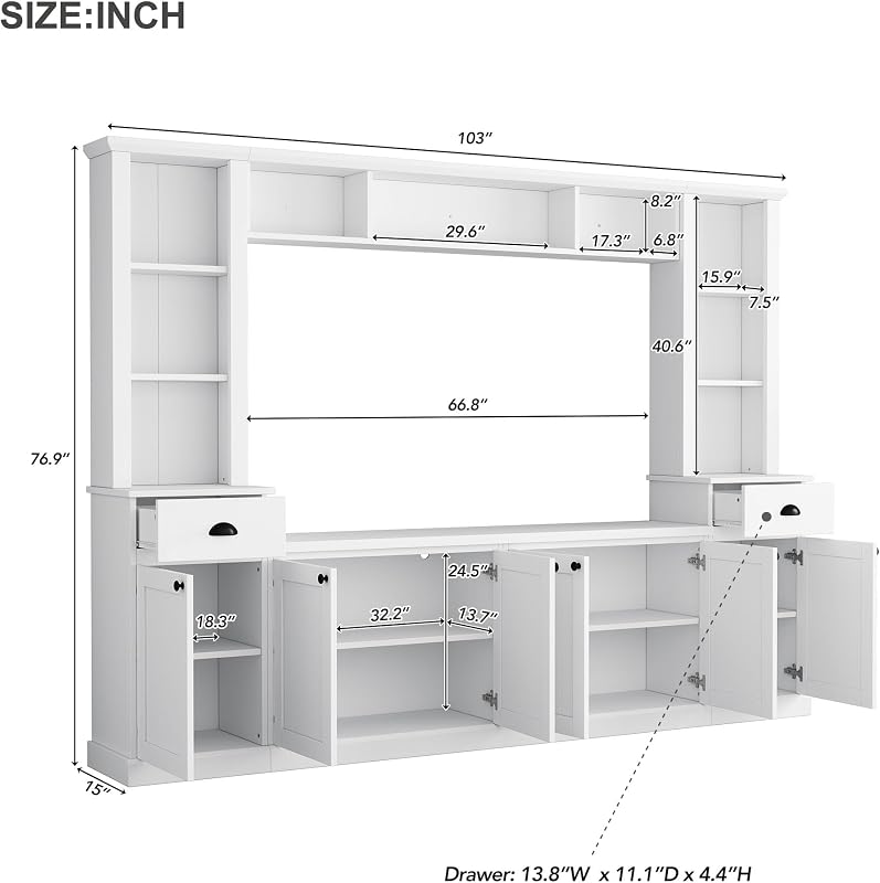 Virubi 103" Farmhouse Entertainment Center Wall Unit for TVs up to 75", Wood Wall TV Stand with Adjustable Shelves, 2 Drawers & Cabinet, Rustic Media Console with Storage for Living Room, (White) image 2