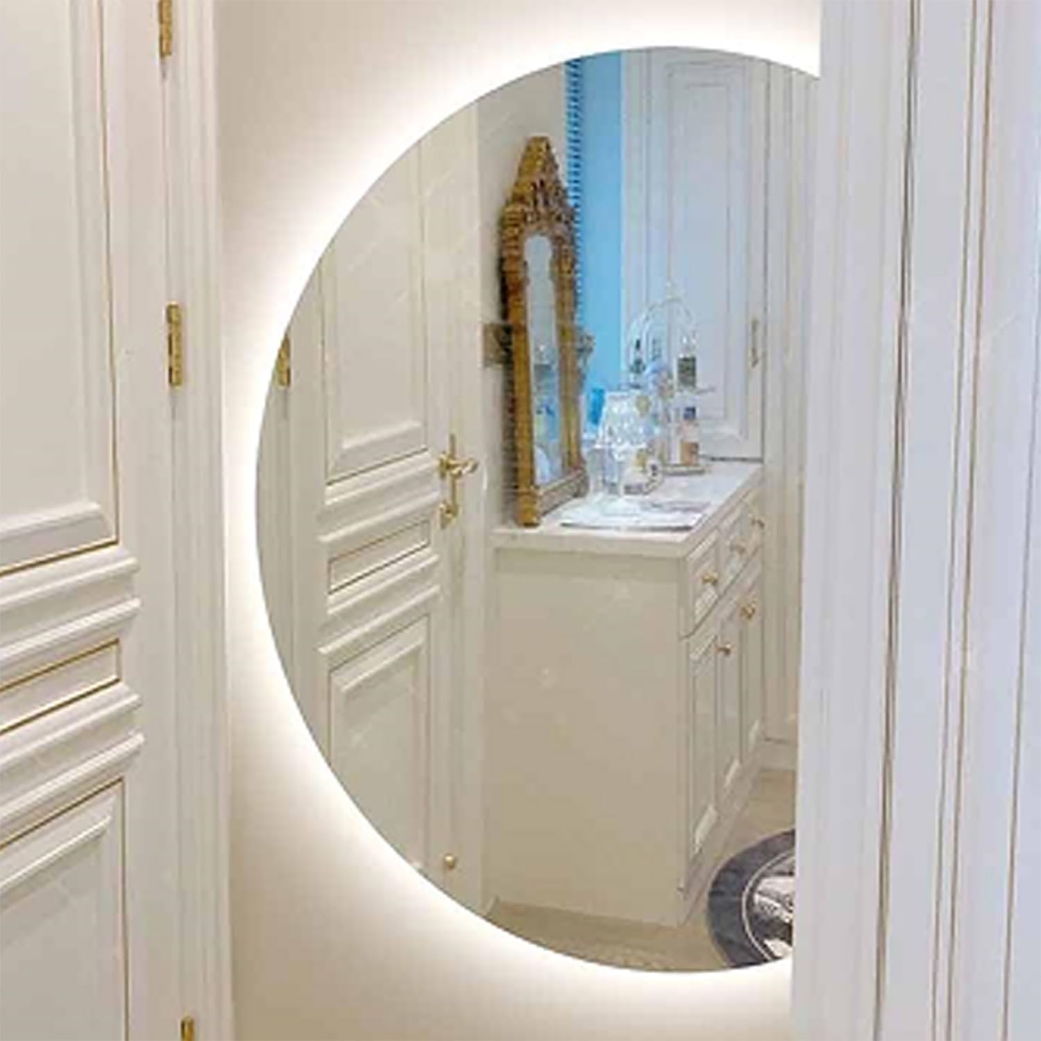 WQZzjm Illuminated Bathroom Mirror, AntiFog HalfCircle Wall Mirror with Touch Switch, Adjustable 3 Color LED Light, 51x35in Retro Design Perfect for Modern Decor (Right Cut 51x35in)