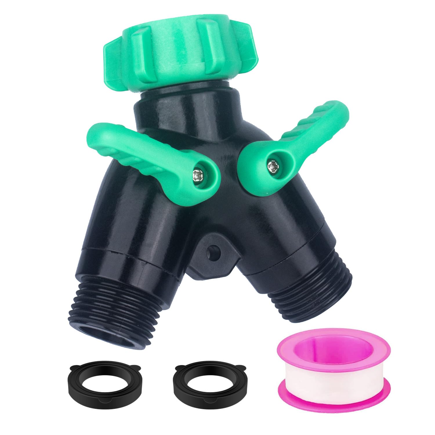 Garden Hose Splitter 2 Way Heavy Duty Plastic, for 3/4" Water Hose Splitter, Hose Y Splitter with Shutoff, Comfortable Grip, Easy Installation, with 2 Extra Leakproof Rubber Washers 1 Tape