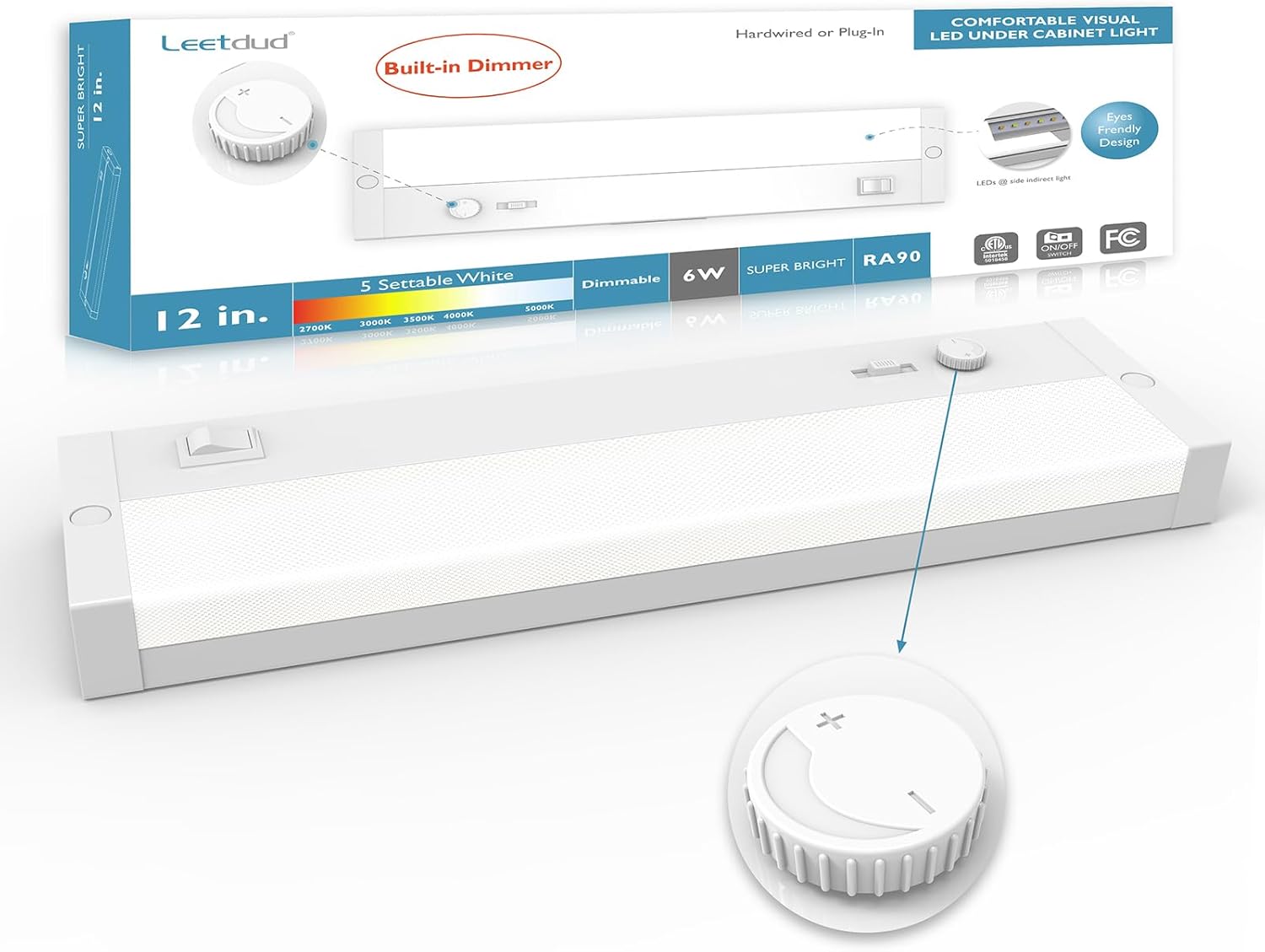 LED Under Cabinet Lighting Built-in Dimmer Plug in or Hardwired,12 Inch 6W Dimmable 5 Color 2700K/3000K/3500K/4000K/5000K, ETL Listed Linkable Under Cabinet Lights for Counter,Kitchen,White White 12 inch