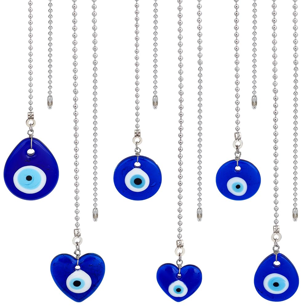 BENECREAT 6Styles Glass Ceiling Fan Pull Chain Extenders, Flat Round &amp; Heart &amp; Teardrop with Evil Eye Fan Extension with Iron Ball Chain for Ceiling Fan Light Decoration