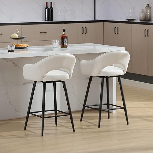 Miniatura 9 de LukeAlon Juego de 2 taburetes giratorios de piel sintética, respaldo abierto de 27 pulgadas de altura de asiento, taburetes de bar bajos con patas