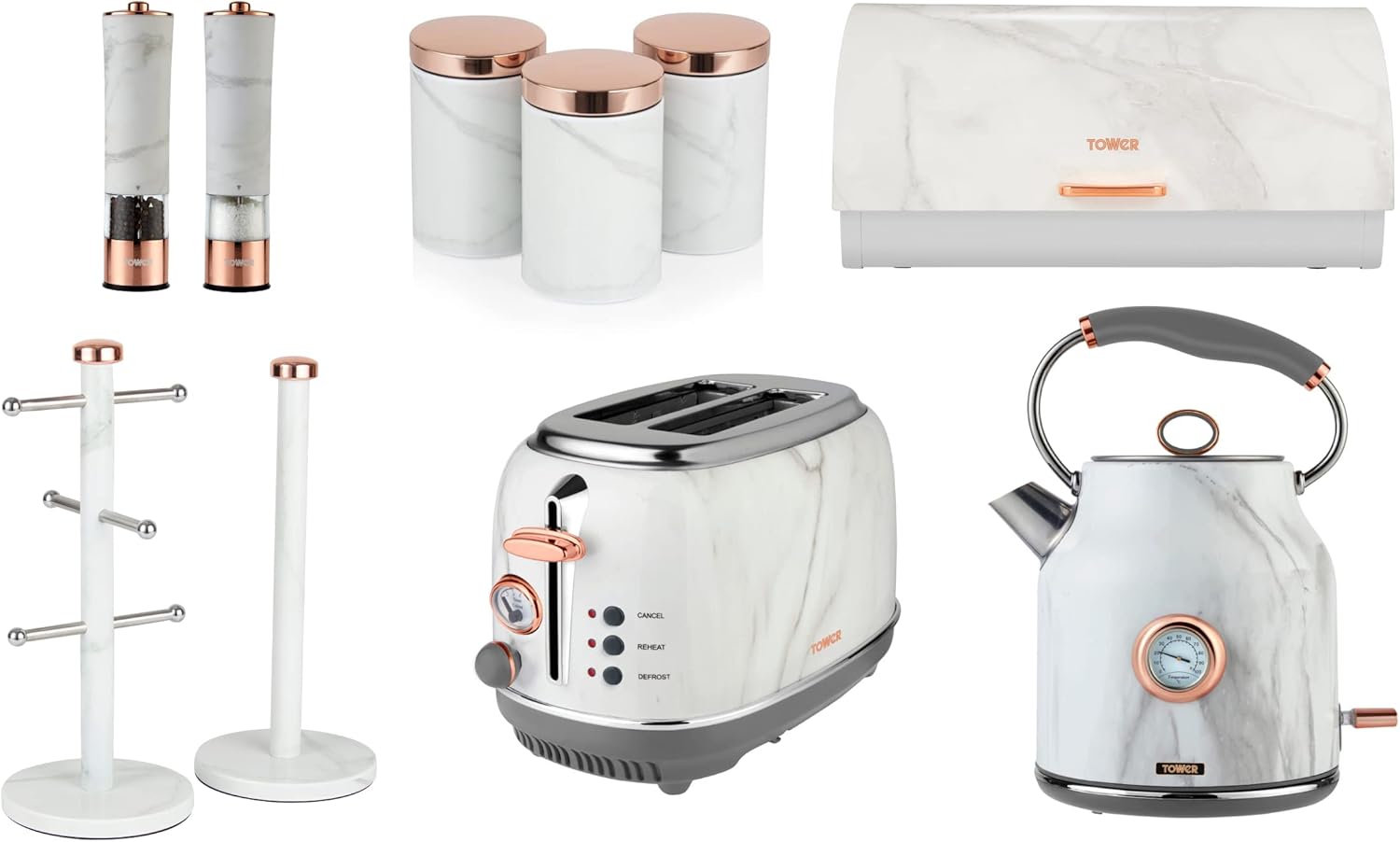 Tower Marble & Rose Gold Kitchen Set of 10 Including Kettle, 2 Slice Toaster, Bread Bin, Set of