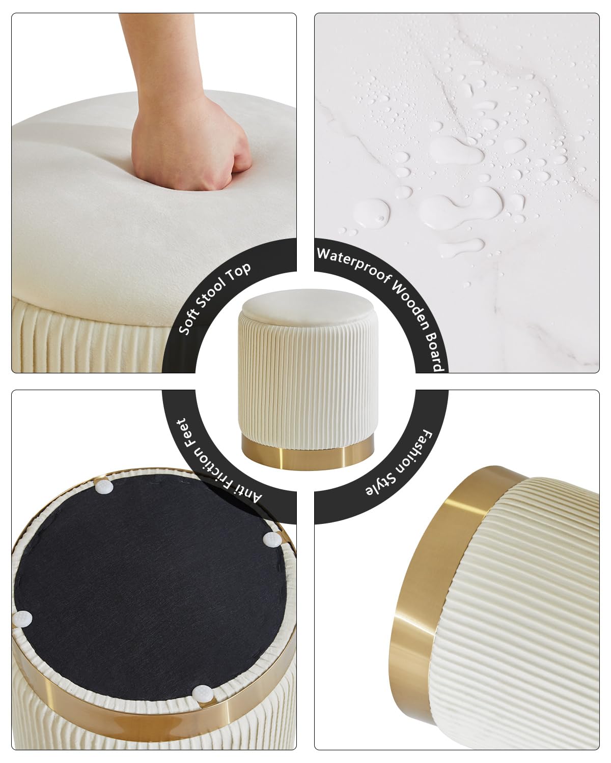 IBUYKE set di 2 ottoni rotondi con stoccaggio e decorazione ad anello in metallo, velluto Vanity Sgabello per trucco, moderno sedile imbottito tavolino, poggiapiedi sgabello, bianco WBD016W
