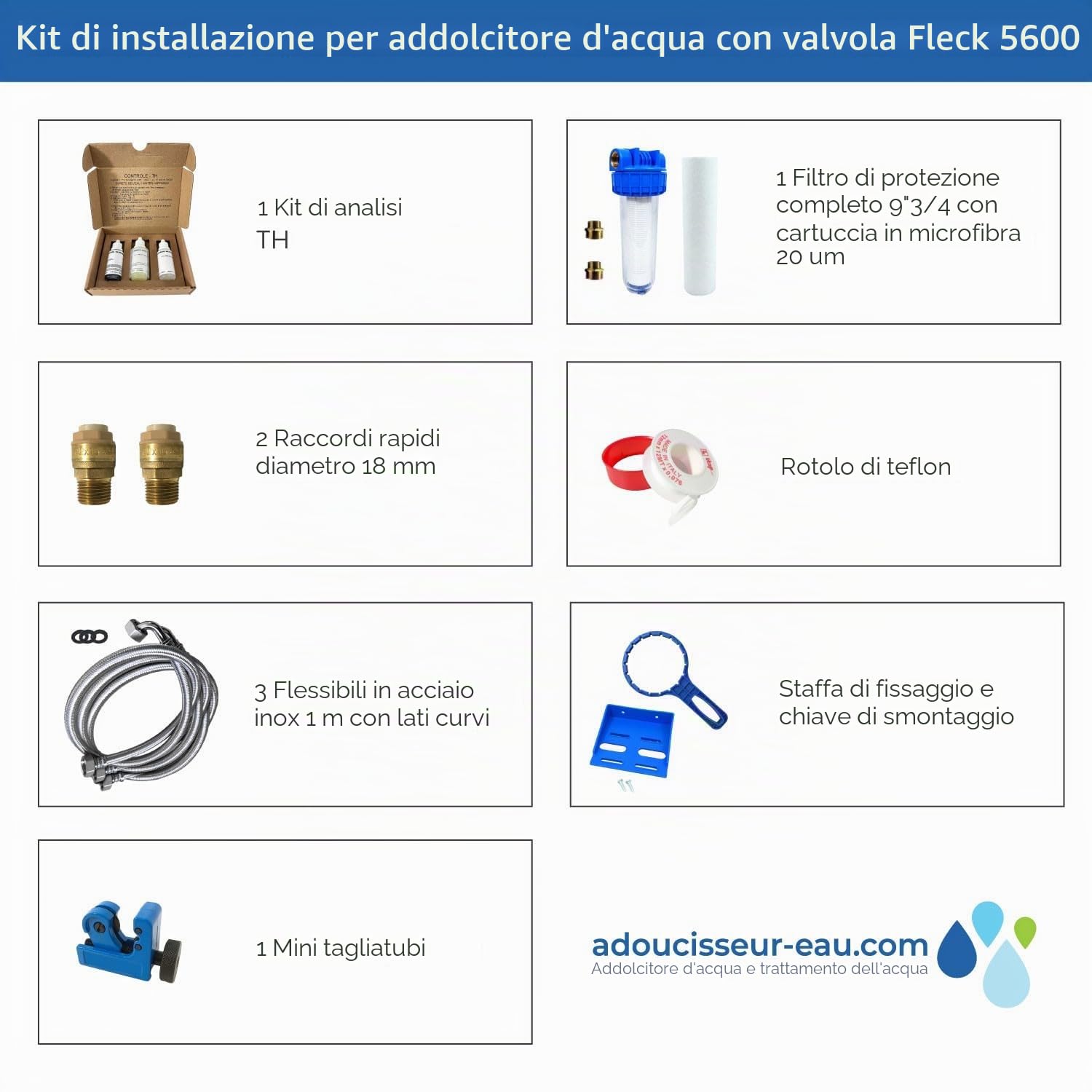 Addolcitore Acqua 30l Fleck 5600 Sxt Elettronico Volumetrico Completo Di Kit Di Installazione Fatto In Francia