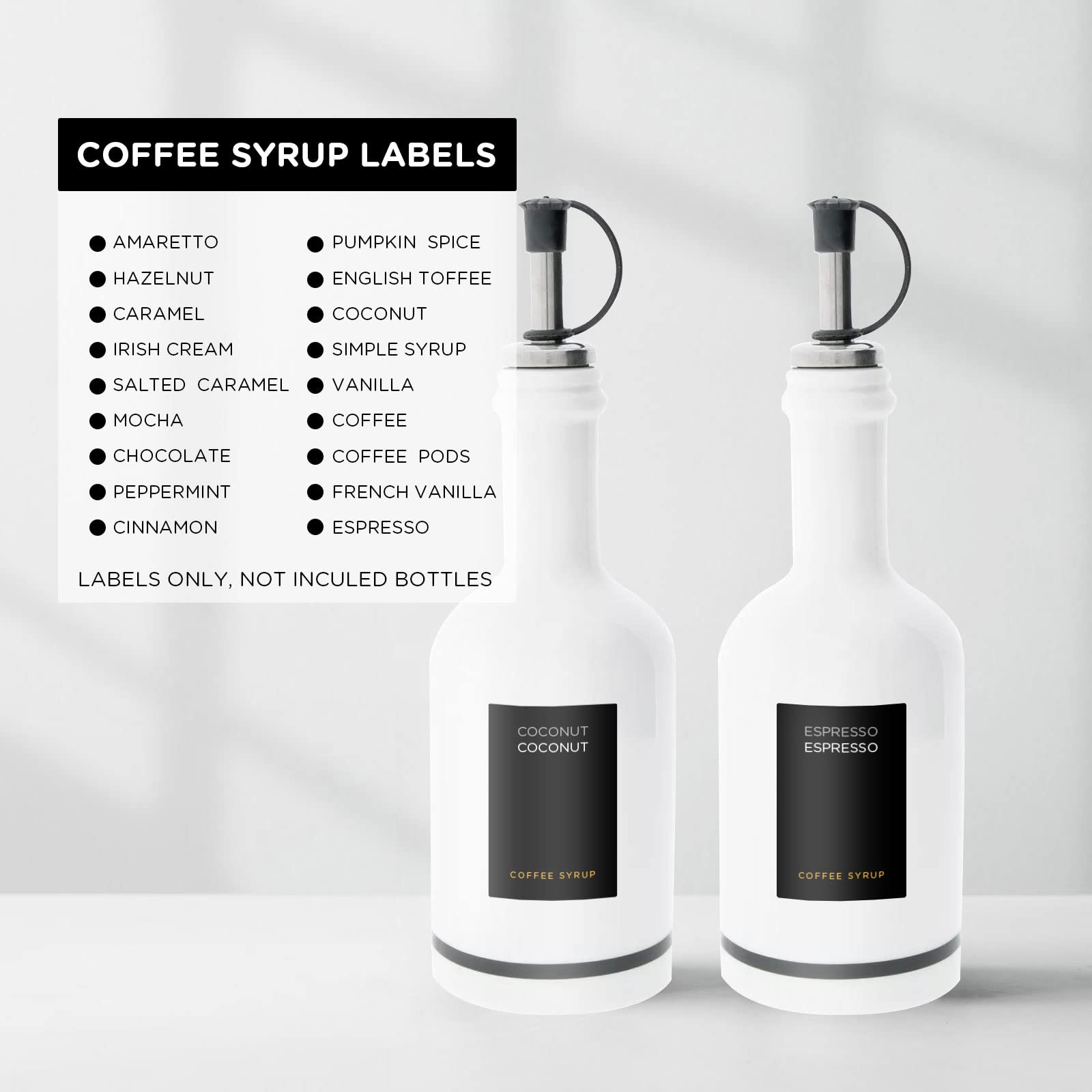 Etichette per sciroppo di caffè per caramello, vaniglia, moka, caffè classico, caffè espresso cioccolato, menta adesivi pre-stampati, impermeabile e resistente all'olio (nero