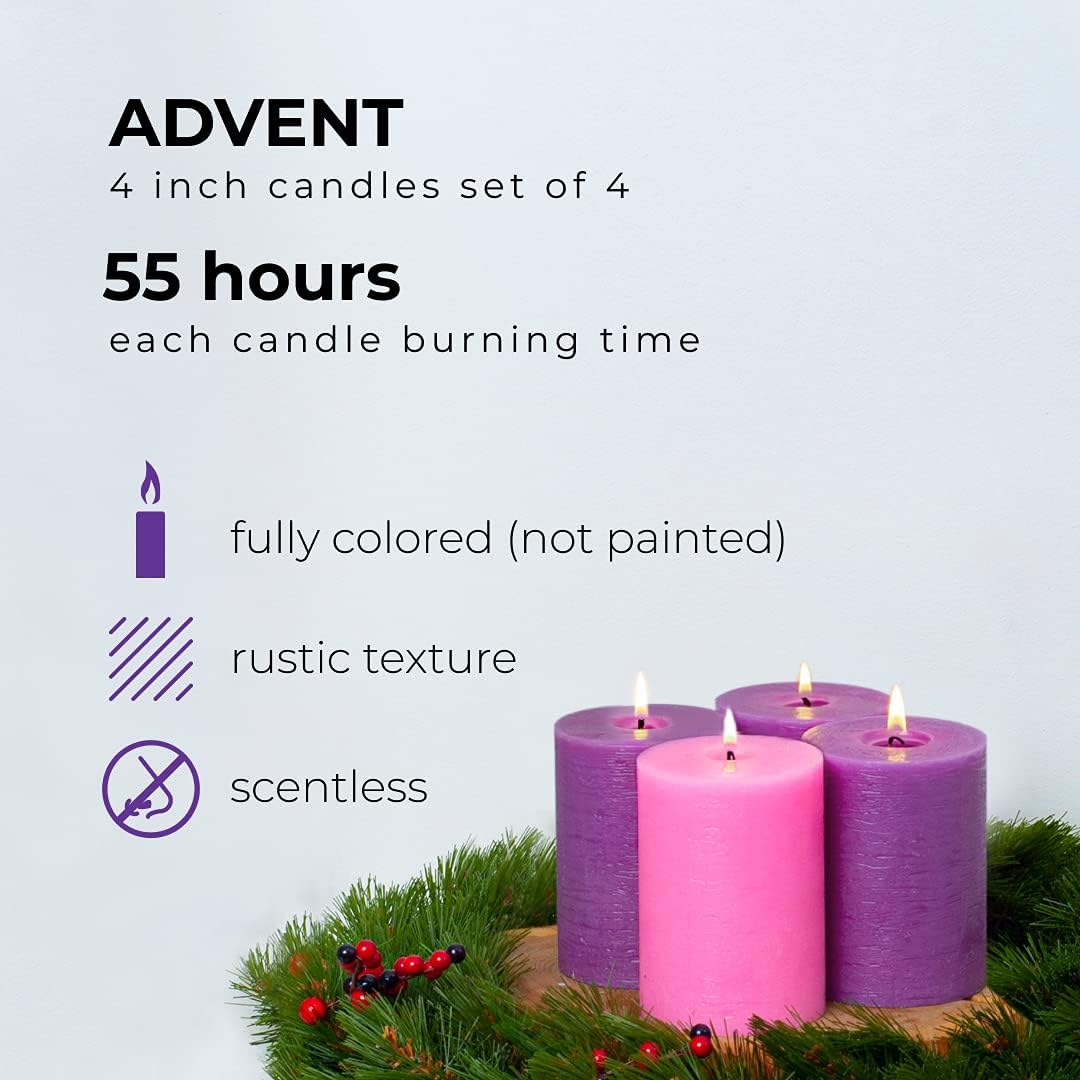 CANDWAX 3x4 Inch Advent Pillar Candles Set of 4 - Long Burning Dripless Unscented Pillar Candles - Rustic Style for Advent Wreaths, Christmas Décor - 3 Purple and 1 Pink Pillars
