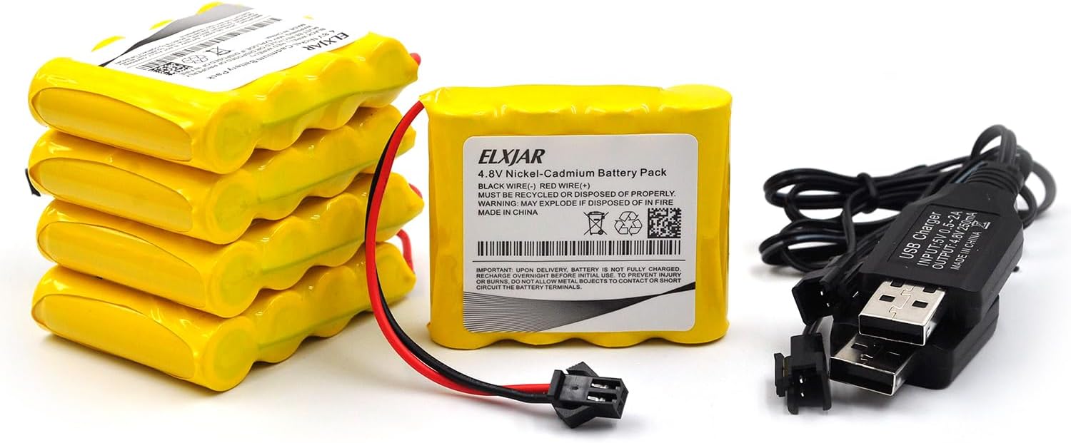 (5-Pack) 4.8V AA 600mAh Ni-Cd Battery Pack Compatible with 1/18 RC Truck Car Rock Off-Road Four Wheels Race Car SM-2P Plug USB Charging Cable Rechargeable Battery