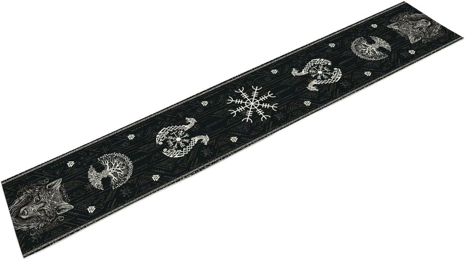 Norse Viking Table Runner, Nordic Mythology Tree of Life Raven Helmet of Awe Ancient Mythical Animal Viking Raven Print Table Runner for Garden Farmhouse Dining Kitchen Table Decoration 13"x108"