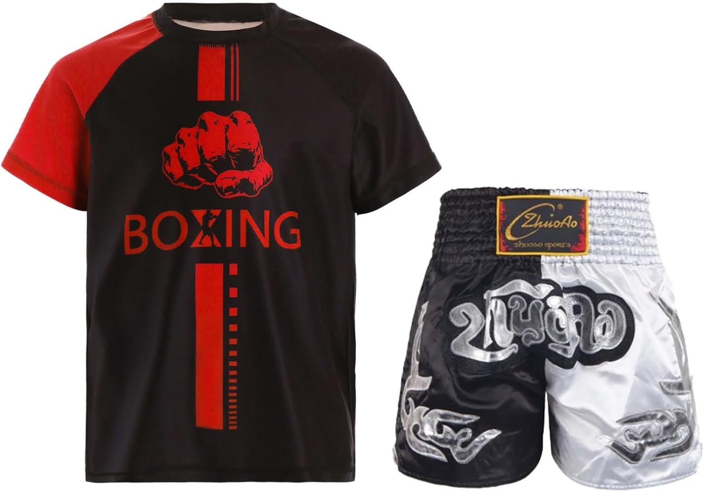 FEESHOW Kids Boys 2 Piece Boxing Outfits Boxer Sports Tracksuit | Color Block Patchwork T-shirt, Round Neck Short Sleeve Athletic Top, Boxing Shorts, Moisture-wicking, Breathable