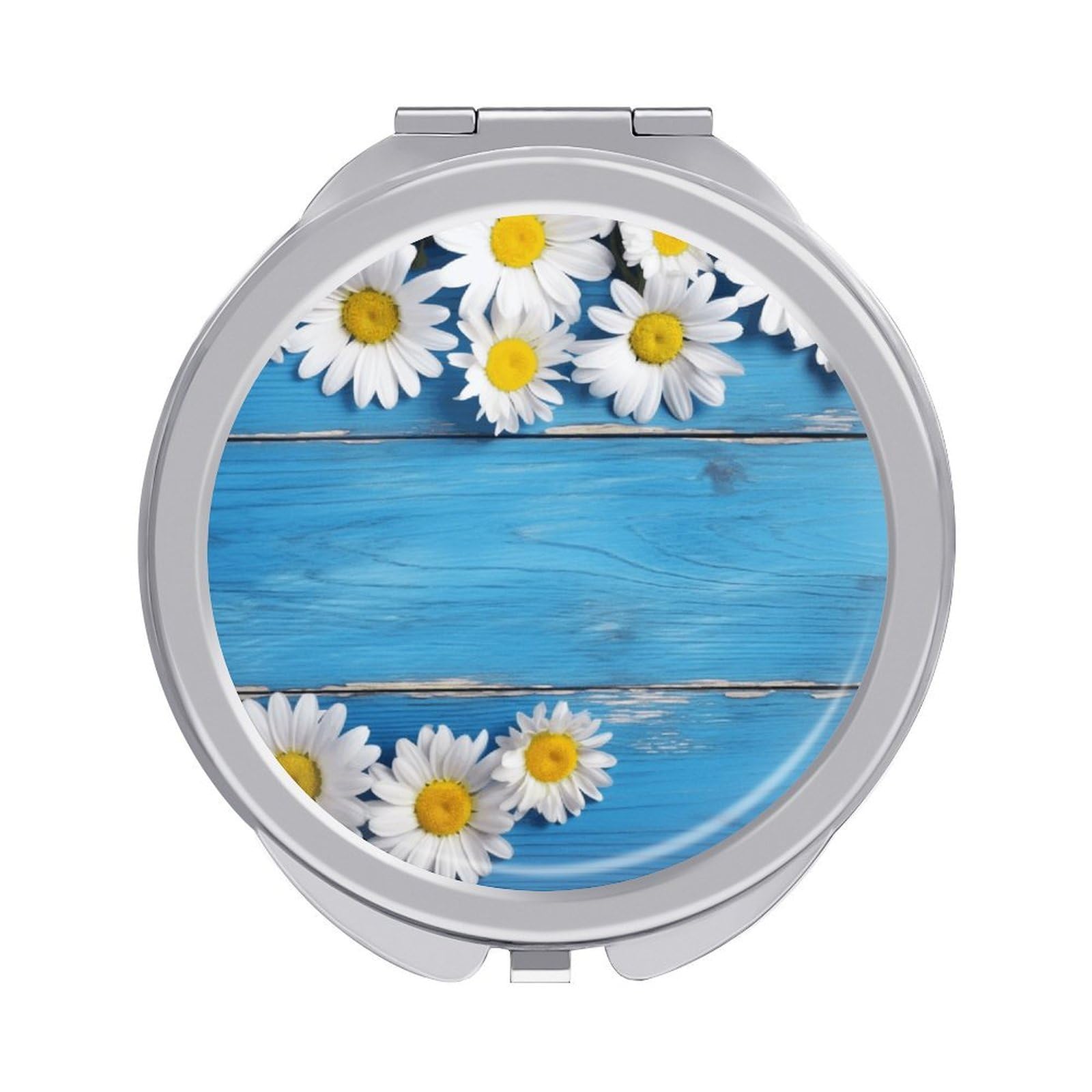 FekiLoot Daisy Flowers Blue Wooden Makeup Mirror Compact Round Travel Makeup Mirror Portable Folding Handheld Pocket Mirrors for Handbag and Purses Gift Mini Mirrors