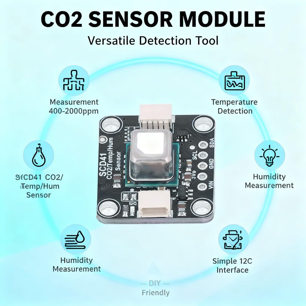 CO2 Sensor Module, Carbon Dioxide Gas Concentration Sensor, 400-2000ppm with Temperature and Humidity – Fast I2C Interface, Gas Detector Humidity for DIY Projects