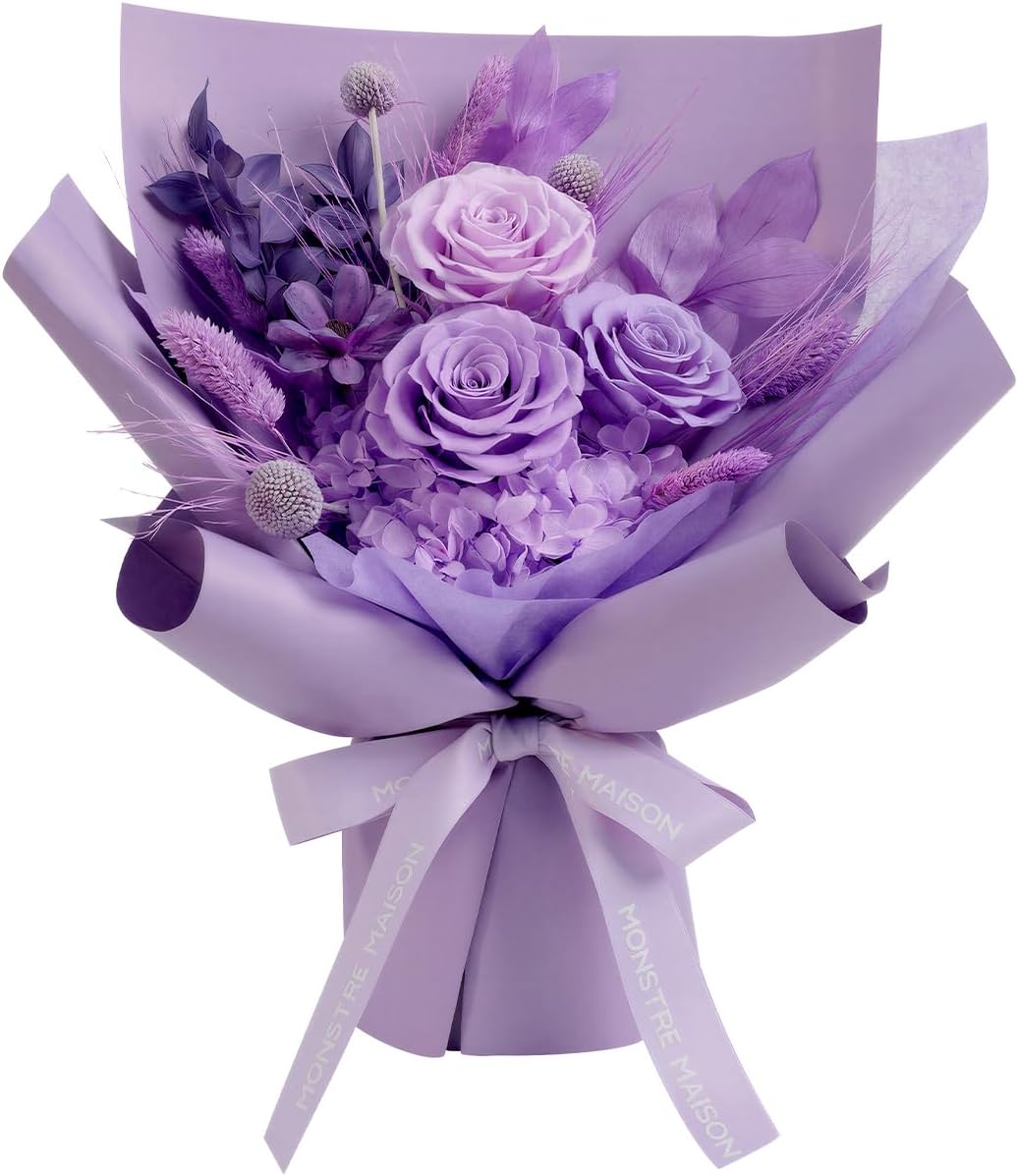 Mother's Day Preserved Flowers Bouquet for Women Birthday Rose Gifts for her, Grandma Purple Roses Bouquets for Mom Romantic Lasting Flowers with Gift Box and Greeting Card
