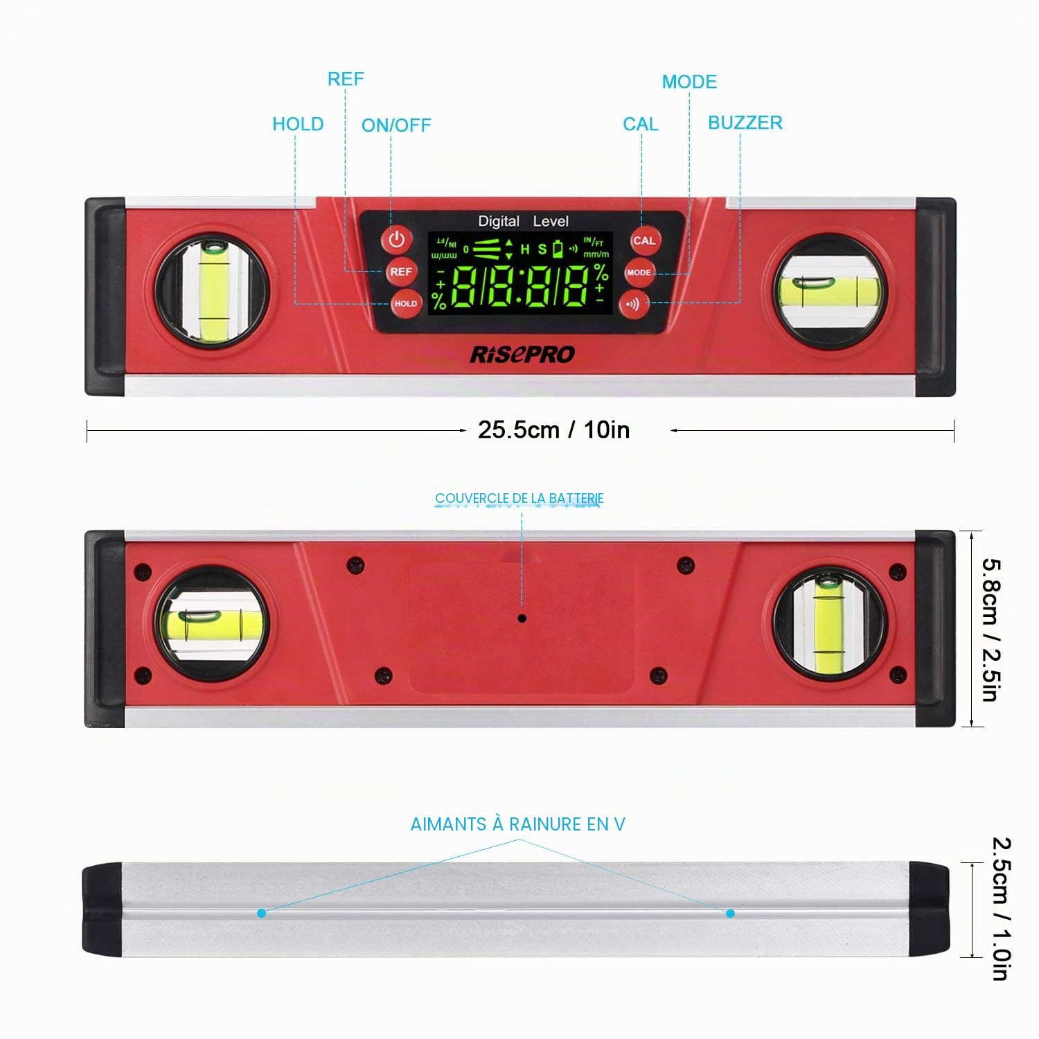 Niveau magnétique numérique et rapporteur - RISEPRO 10 pouces inclinomètre à bulle électronique protégé IP54, détecteur d'angle, jauge avec grand écran VA et base à rainure en V DL135N