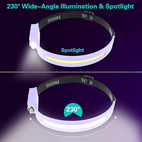 Vista 3 de SEVENKA Linterna frontal LED, 1000 lúmenes, recargable, sensor de movimiento, diadema ajustable, haz ancho y foco, resistente al agua, ideal