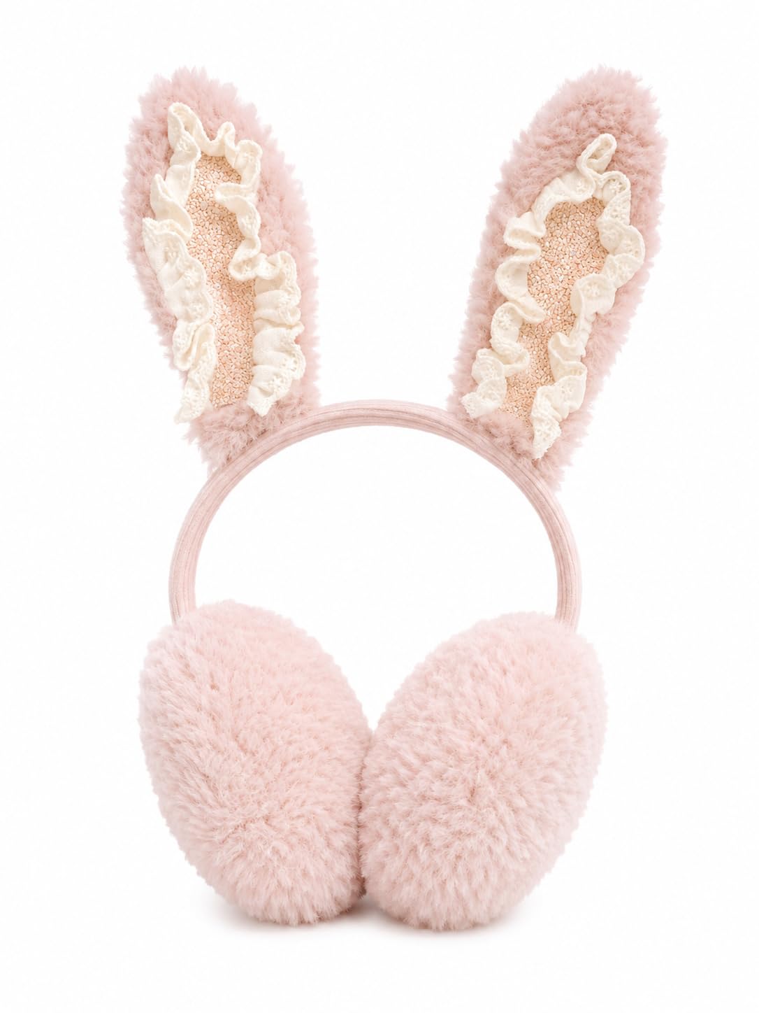 Rabbit Ear Earmuffs with Lace Detail, Pink Fluffy Winter-image-33