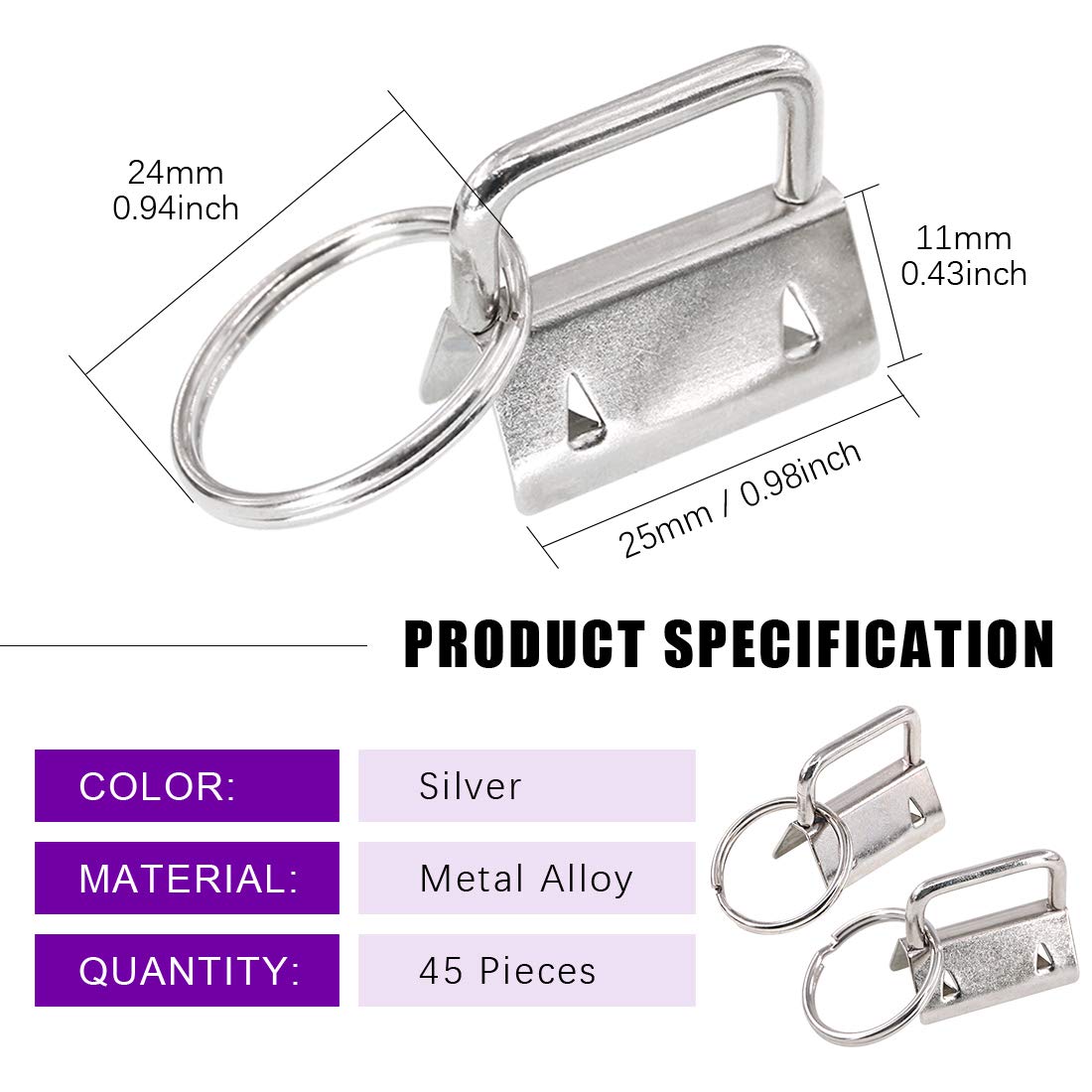 Swpeet 45Pcs Sliver 1 Inch Key Fob Hardware with Key Rings Sets, Perfect for Bag Wristlets with Fabric/Ribbon/Webbing/Embossed and Other Hand Craft - 25mm