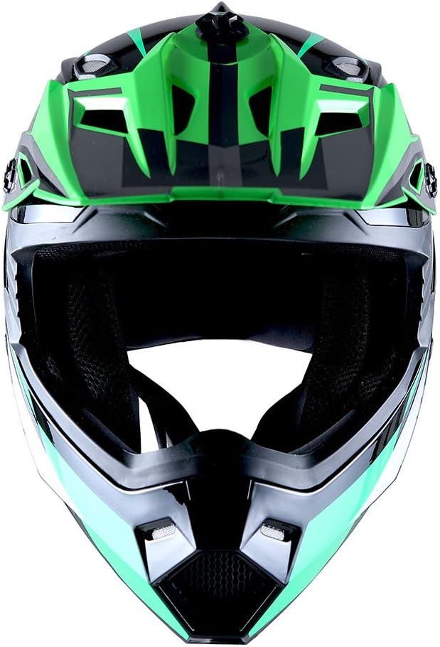 1Storm Motocross MX BMX Helmet Racing Green + Goggles + Skeleton Green Glove Bundle