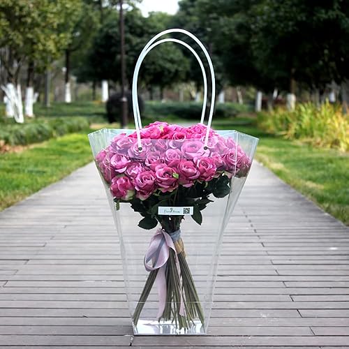 Miniatura 5 de SOUJOY Paquete de 10 bolsas transparentes para ramo de flores, bolsas de regalo extra grandes con asas largas, 13 pulgadas de largo x 8.2 pulgadas