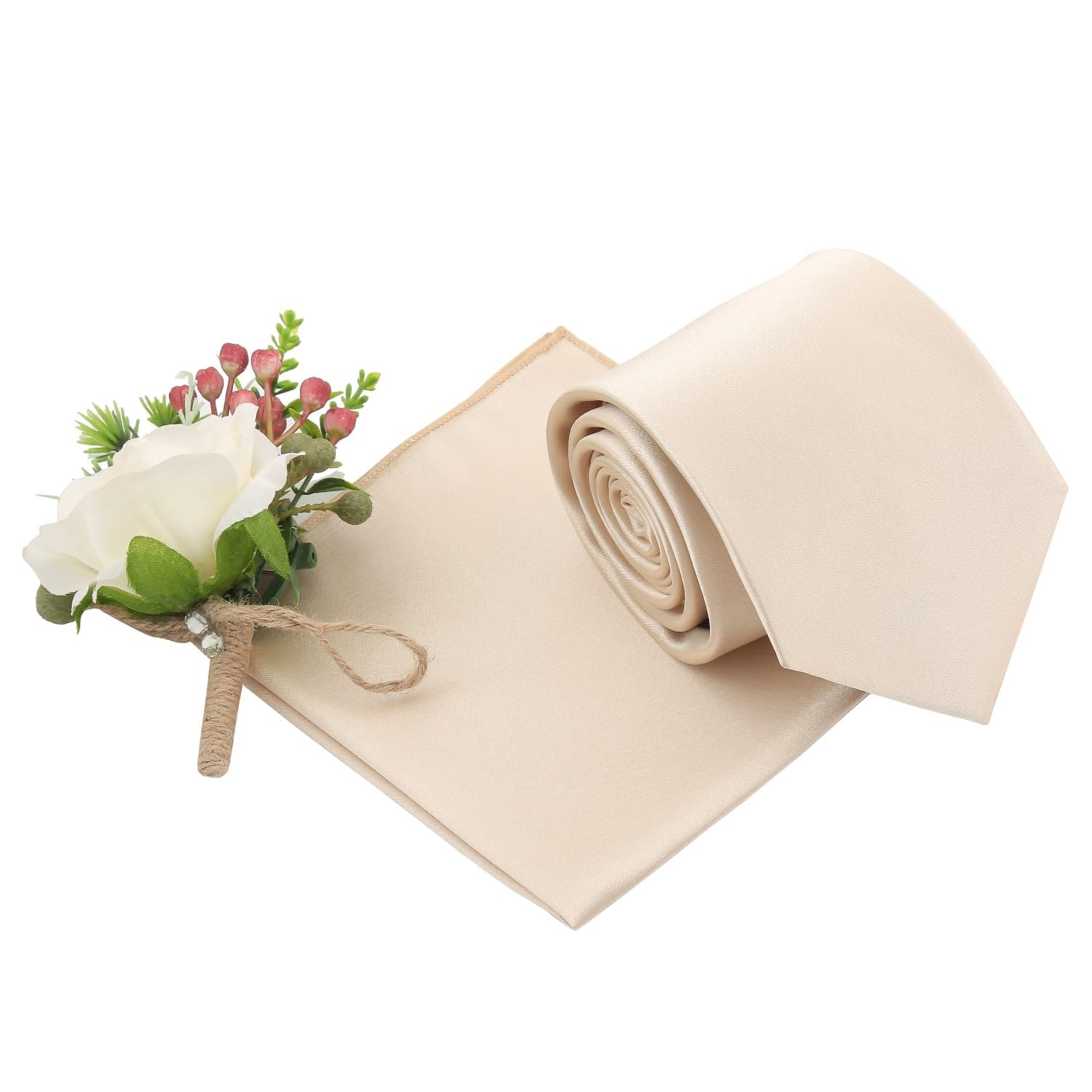 Dqt Men's Champagne Plain Satin Tie & Pocket Square Set (2Pc) - 9Cm Classic Wedding, Business & Formal Necktie