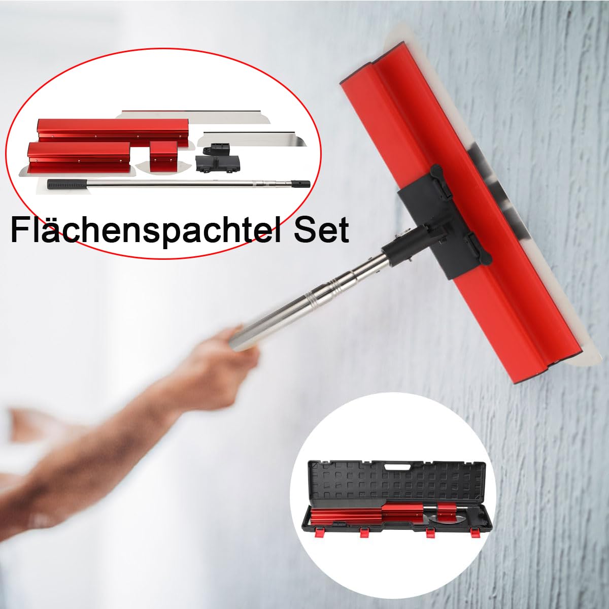 Flächenspachtel Set, 40/60cm Edelstahlklinge Spachtel Werkzeug | mit 90-200cm Ausziehbarer Griff, mit Gekrümmt Flächenspachtel, für Verputzen von Wänden und Decken, im tragbare Koffer