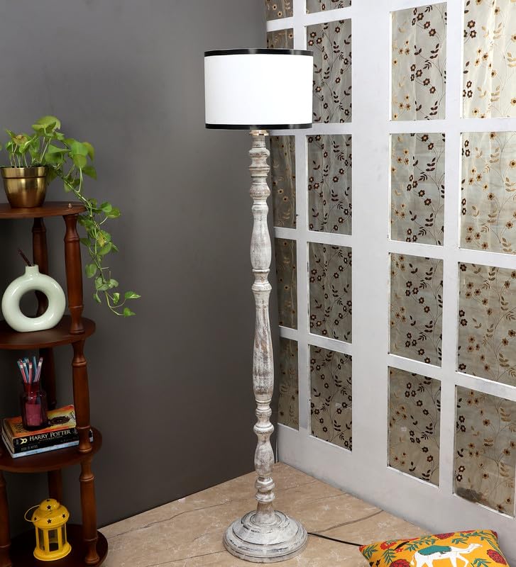 Image of tu casa Mango Wooden Floor Lamps with White Stripe Shade for Home Decor, Bedrooms Corner, Living Room, Gifting, Diwali Decoration, Hall, Office, Study Room (Height: - 56 inch) - Bulb not Included