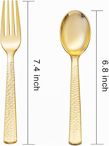 Miniatura 7 de KIRE 400 cucharas y tenedores de plástico dorados desechables, juego de cubiertos de plástico dorado desechables, 200 tenedores y 200 cucharas para