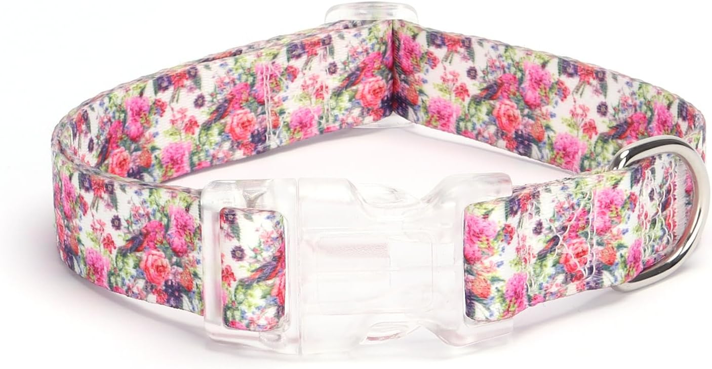 Dog Collar for Small Medium Large Dogs, Adjustable Soft Puppy Cats Collars Multicolor Patterns Collars for Dogs Girl Boy Puppy Walking Running Training (S, Peony)