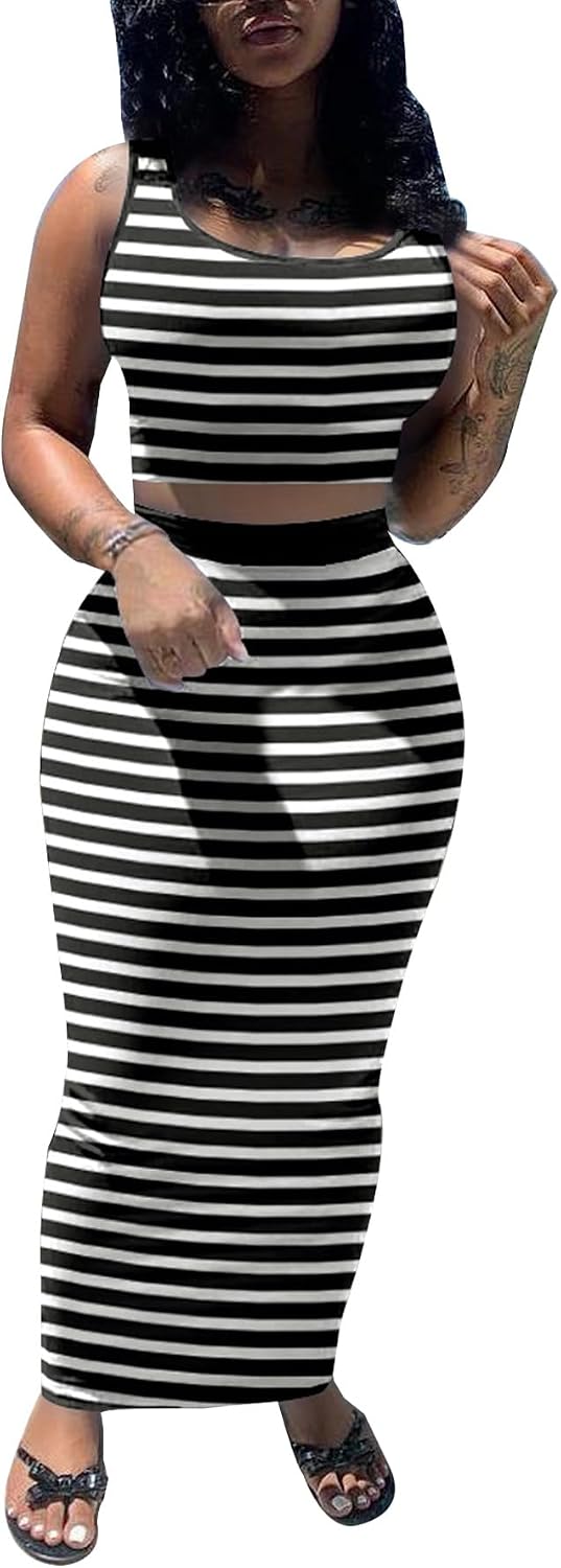 PINSV Women's 2 Piece Summer Outfits Sleeveless Crop Tank Top And Bodycon Maxi Skirt Set Casual Going Out Vacation
