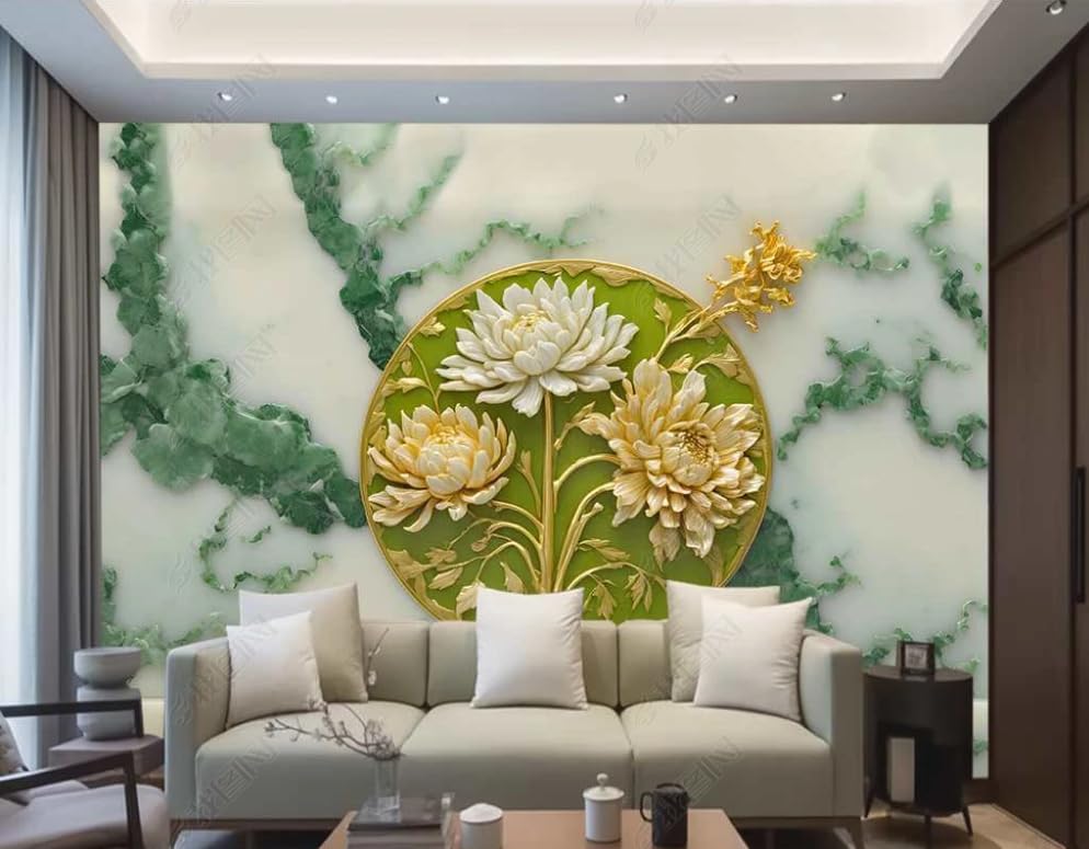 Papier peint panoramique marbre et pivoine vert Fortune 150x105 cm
