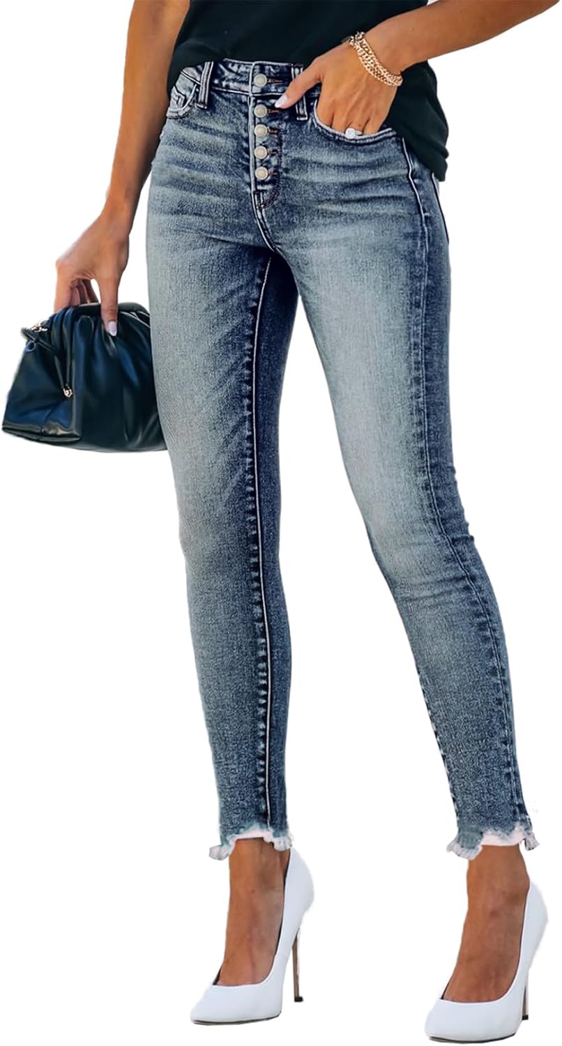 Allimy Women's High Rise Skinny Stretch Button Ripped Jeans High Waisted Destroyed Denim Pants - Image 2
