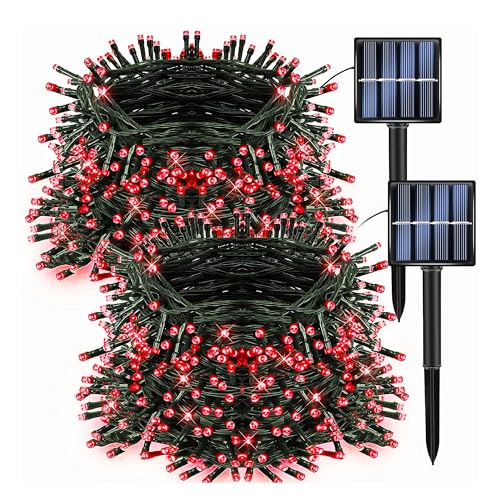 Dazzle Bright 2 Pack Total 400LED 132FT Red Christmas Solar String Outdoor Lights, Solar Powered with 8 Modes Waterproof Fairy Lights for Bedroom Patio Garden Tree Party Yard Decoration