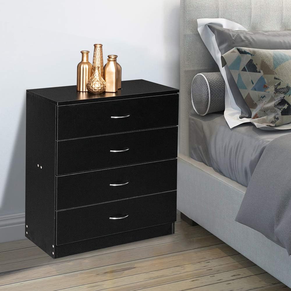 VINGLI Black Nightstand, 26" Wide 4 Drawers End Table, Bed Side Table Chest of Drawers Cabinet, Wood Nightstand for Bedroom
