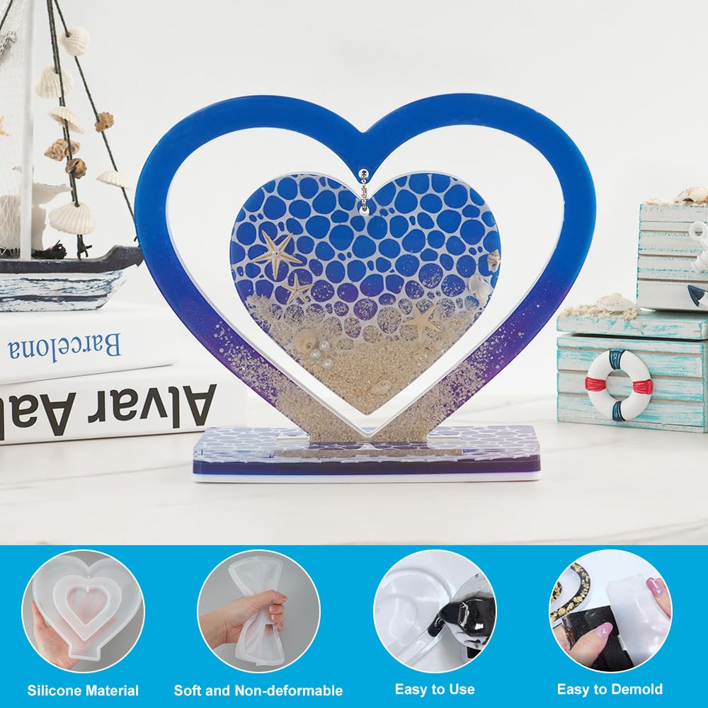 HyzaPhix 2 stuks hars mal voor fotolijst, hartvorm siliconen epoxymallen fotolijst mallen herdenkingshars gietvorm met standaard voor doe-het-zelf gepersonaliseerde handgemaakte geschenken, thuis