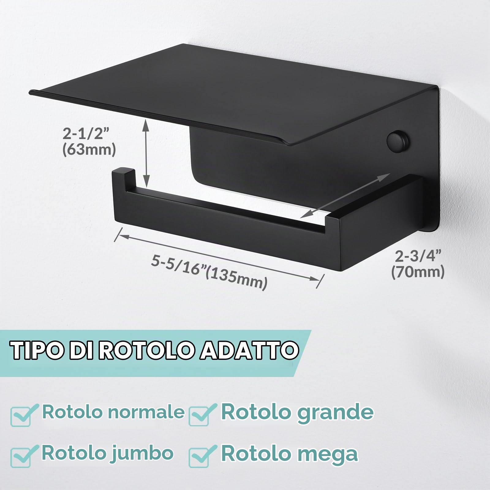 APLusee Porta carta igienica nero opaco con mensola, lato sinistro, in acciaio inox 304, montaggio a parete