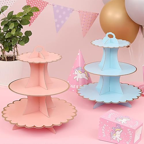 Miniatura 4 de Paquete de 2 soportes de cartón para tartas, 3 niveles de papel para postres redondos para cupcakes, soporte de repostería desechable