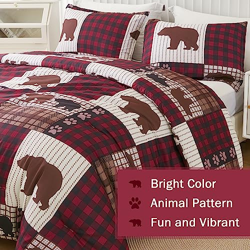 Andency Plaid Patchwork Bear Comforter Set Full (79X90Inch), 3 Pieces(1 Red Black Comforter And 2 Pillowcases) Bear Paw Comforter, Soft Lightweight Microfiber Rustic Lodge Bedding Comforter Set #TOP4