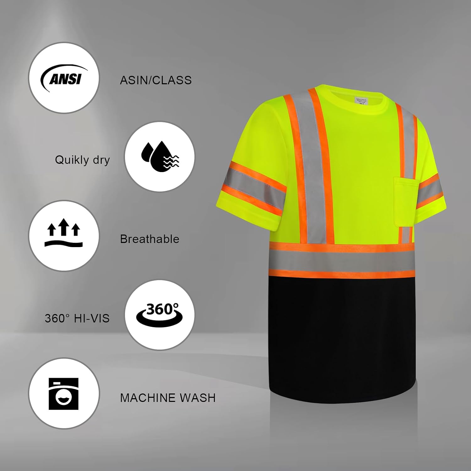 Hi Vis Shirts for Men Construction Class 2 High Visibility Shirts, Reflective Safety T-Shirts for Men Women, Short Sleeve Work Shirts with Black Bottom, Breathable, Yellow XL