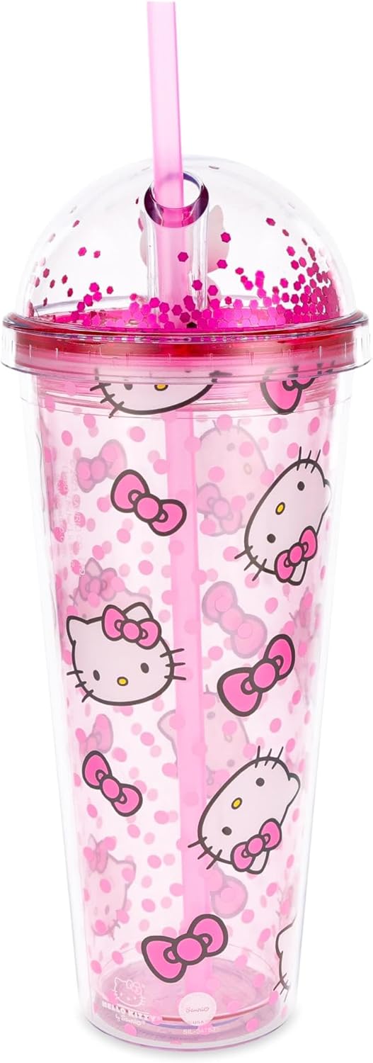 Silver Buffalo Sanrio Hello Kitty Pink Polka Dots and Bows Dome Glitter Top Travel Tumbler, 24 Ounces - Image 2