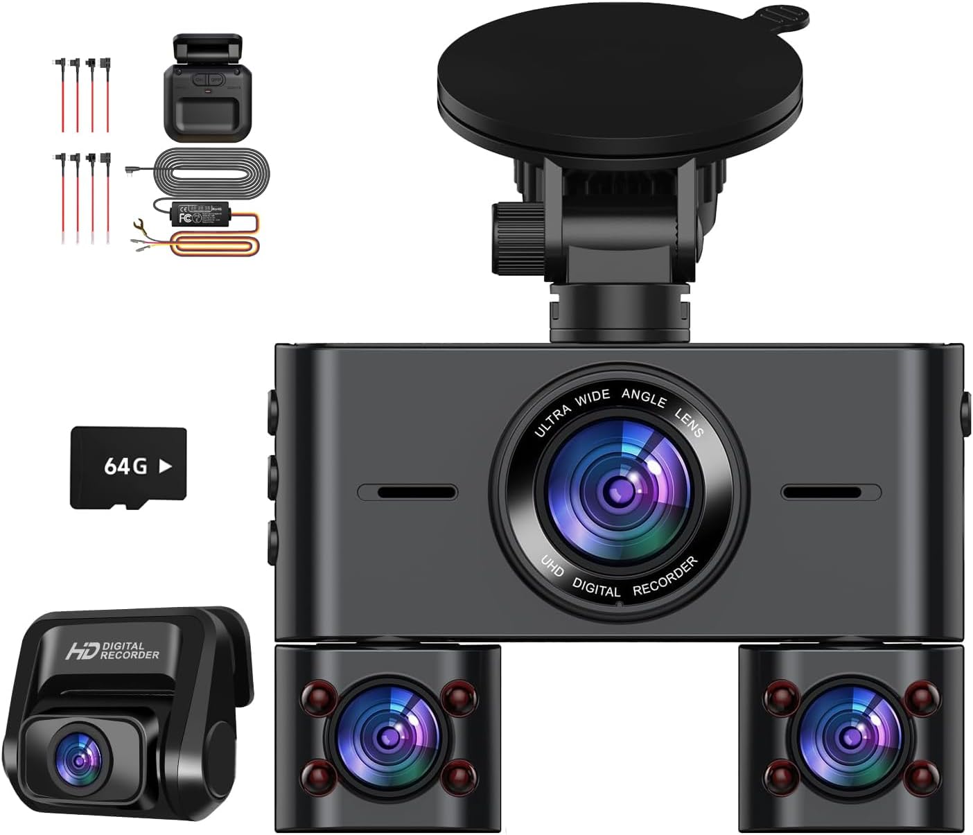 V7PLUS Dash Cam 4 Channel Front and Rear with Radar Hardwire Kit for 24/7 Parking Mode 360 Degree Detection