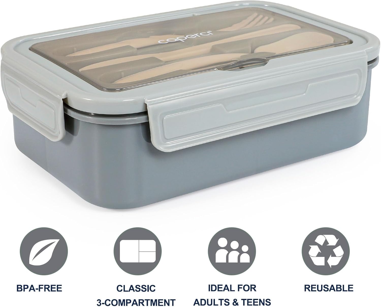 Caperci Classic Bento Box Adult Lunch Box for Older Kids - Leakpoof 47 oz 3-Compartment Lunch Containers for Adults and Teens, Built-in Utensil Set, Ideal for On-the-Go Balanced Eating, Gray - Image 2
