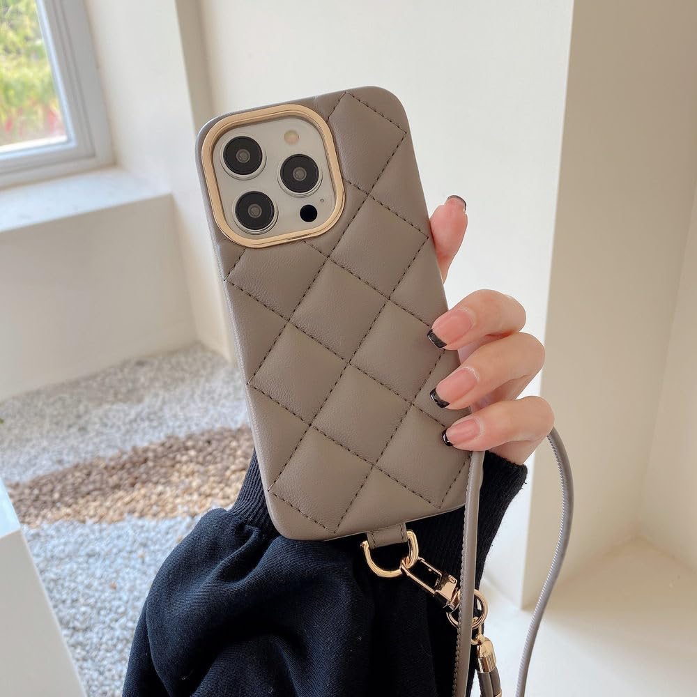 Luxury Elegant Leather Phone Case Metal Camera Lanyard Phone Holder Cover iPhone 11 12 13 14 15 16Pro Max,Grey,for iPhone 16Pro