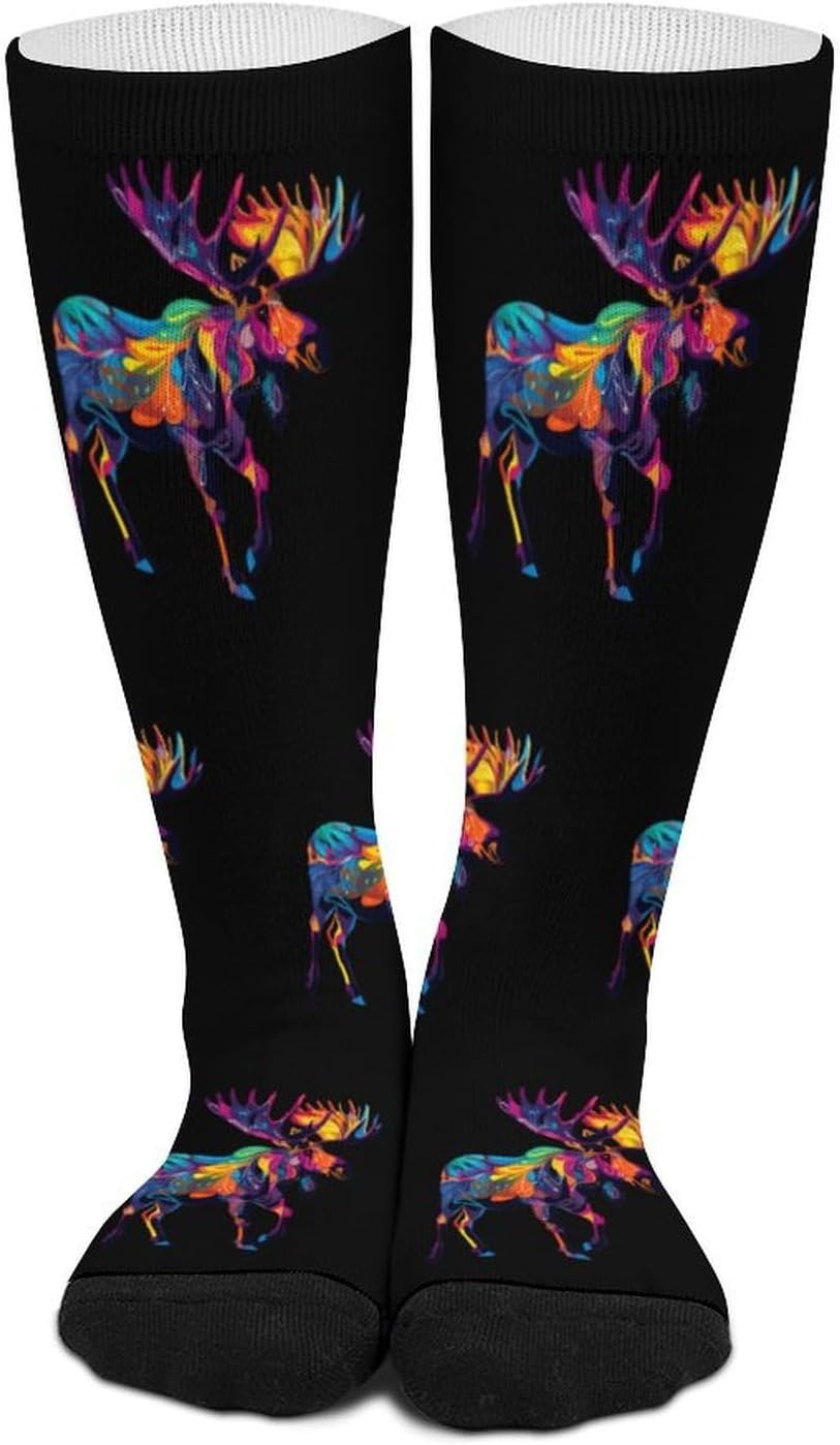 Colorful Canadian Moose Abstract Paint Wildlife Knee High Socks Athletic Long Stockings Sport Casual Crew Tube Sock Boot 46cm