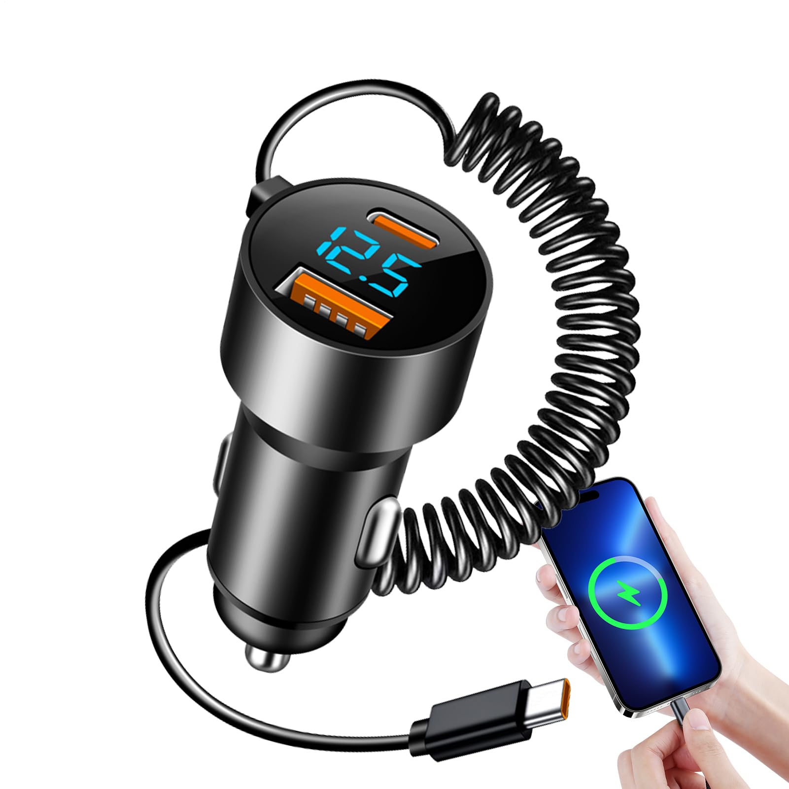 Caricabatteria da Auto USB C,Caricabatteria da Auto USB C,Adattatore di | Ricarica Rapida per PD QC 3.0 | Adattatore per cavo arrotolato per Camion berlina SUV