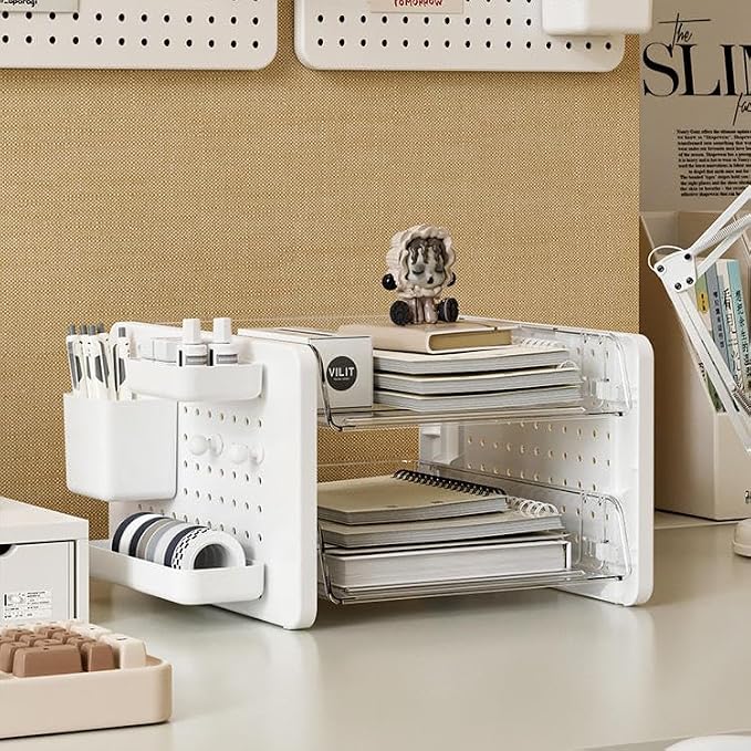 Cortina 2-Tier Multipurpose Desktop File Organizer with Document Tray, Both Side Pegboard Storage Desk Supplies Storage Organisers For Files Letter Books Stationery Pens Staplers Clips Sticky Notes