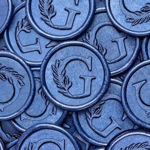 25Pcs Blue Wax Seal Stickers Handmade Vintage Botanical Leaves Adhesive Letter Wax Stickers for Wedding Party Invitations, Envelope, Gift Wrap, Christmas(Initial G, Blue)